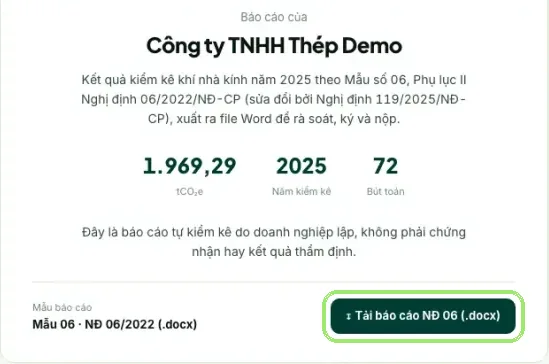 Báo cáo Mẫu 06 trên EcoCheck với nút tải file Word