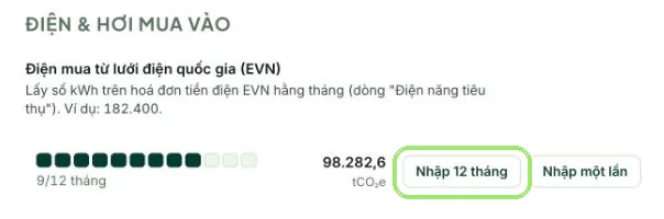 Nhập số kWh trên hoá đơn điện EVN theo tháng trong EcoCheck, nút Nhập 12 tháng